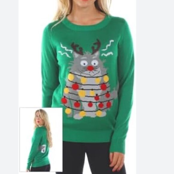 TIPSY ELVES SZ SMALL UGLY CHRISTMAS SWEATER ELECTROCUTED CAT - Picture 1 of 8